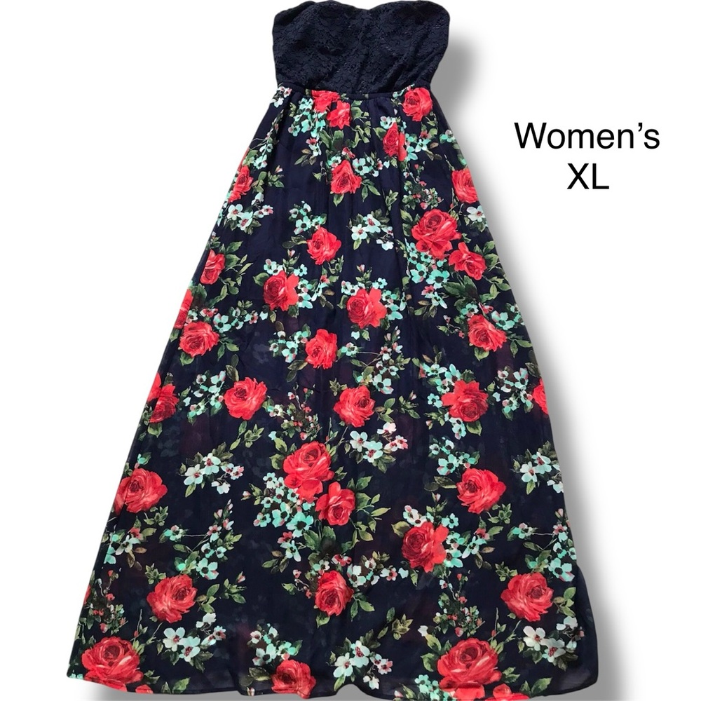 Iris Los Angeles Dress Navy Floral Sheer Maxi Strapless Sz XL. Elastic Waistband